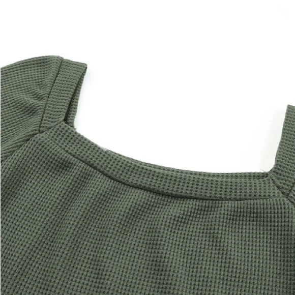 New - Shewin - Green Plain Waffle Knit Bishop Sleeve Square Neck Top - Picture 4 of 10